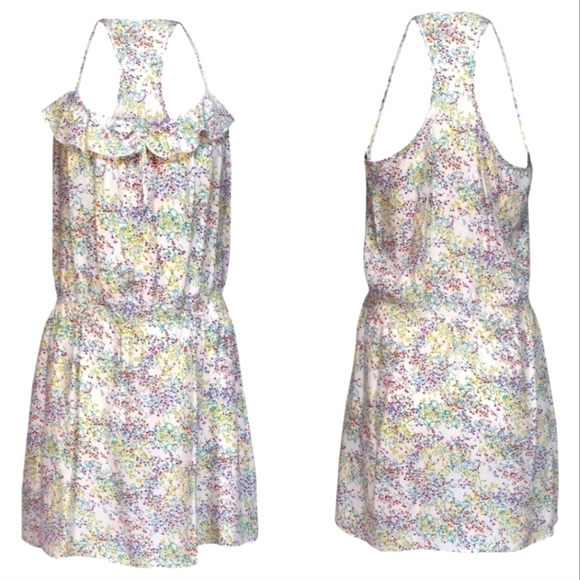 Parker Silk Cream Multicolored Floral Dress Smocked Waist Size L - Picture 1 of 14